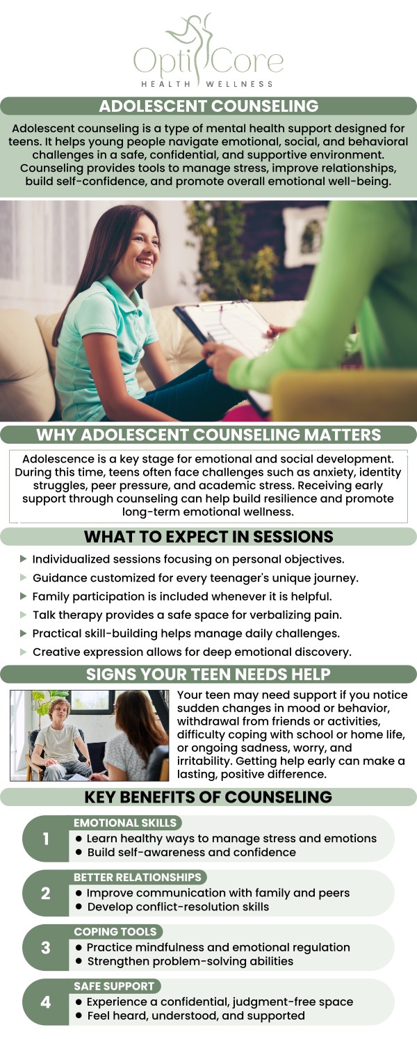Adolescent therapy can help teens better understand difficult emotions, manage behavioral concerns, and develop healthier ways to cope with stress, relationships, and everyday challenges. At OptiCore Health and Wellness in Belmont, NC, Nimrode N. Aridou, PMHNP-BC, MSN, BSN, RN, supports personalized mental health care designed around each adolescent’s individual needs, experiences, and overall well-being. For more information, contact us or request an appointment online. We are conveniently located at 6640 Wilkinson Blvd, Suite 450, Belmont, NC 28012.