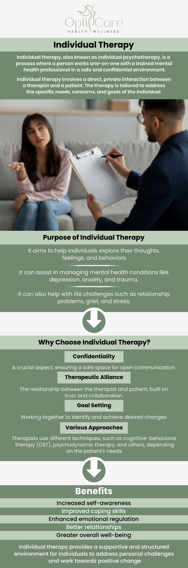 Individual therapy provides a private, supportive space to explore emotions, manage stress, understand personal challenges, and build healthier coping strategies for everyday life. At OptiCore Health and Wellness, Nimrode N. Aridou, PMHNP-BC, MSN, BSN, RN, offers personalized mental health support focused on helping individuals strengthen emotional balance, improve self-awareness, and work toward meaningful mental wellness goals. For more information, contact us or request an appointment online. We are conveniently located at 6640 Wilkinson Blvd, Suite 450, Belmont, NC 28012.