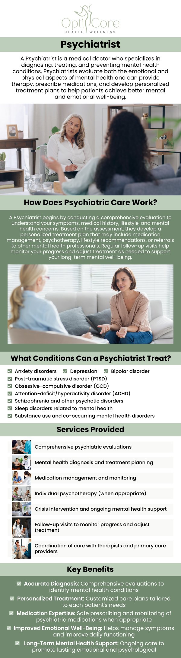 Psychiatric care can help individuals better understand emotional, behavioral, and mental health concerns through thoughtful evaluation, ongoing support, and treatment tailored to their needs. At OptiCore Health and Wellness, Nimrode N. Aridou, PMHNP-BC, MSN, BSN, RN, provides personalized psychiatric care, including mental health evaluations and medication management, with a focus on improving stability, clarity, and overall well-being. For more information, contact us or request an appointment online. We are conveniently located at 6640 Wilkinson Blvd, Suite 450, Belmont, NC 28012.