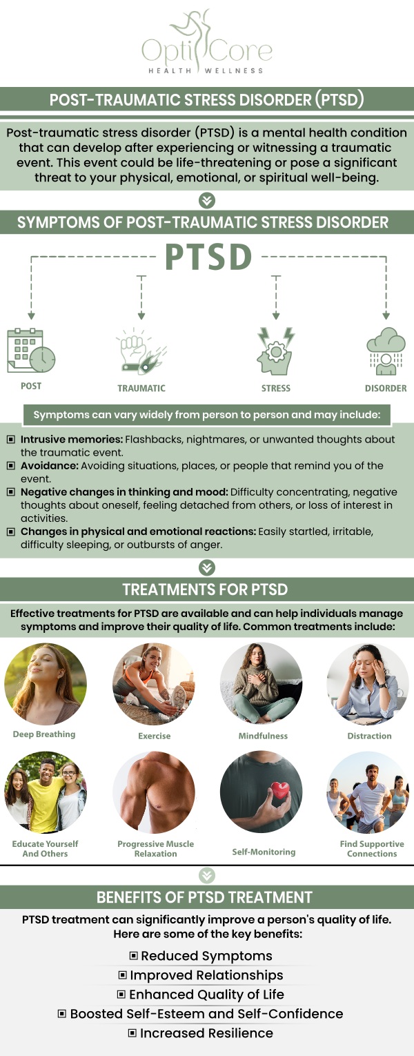At OptiCore Health and Wellness, Nimrode Aridou, PMHNP-BC, MSN, BSN, RN, provides personalized and compassionate psychiatric care for individuals navigating Post-Traumatic Stress Disorder (PTSD). Through targeted mental health evaluations and trauma-focused therapeutic support, Nimrode offers a safe, dedicated environment to help patients process traumatic experiences, effectively manage complex PTSD symptoms, and rebuild their emotional well-being. For more information, contact us or schedule an appointment online. We are conveniently located at 6640 Wilkinson blvd, suite 500, Belmont, NC 28012.